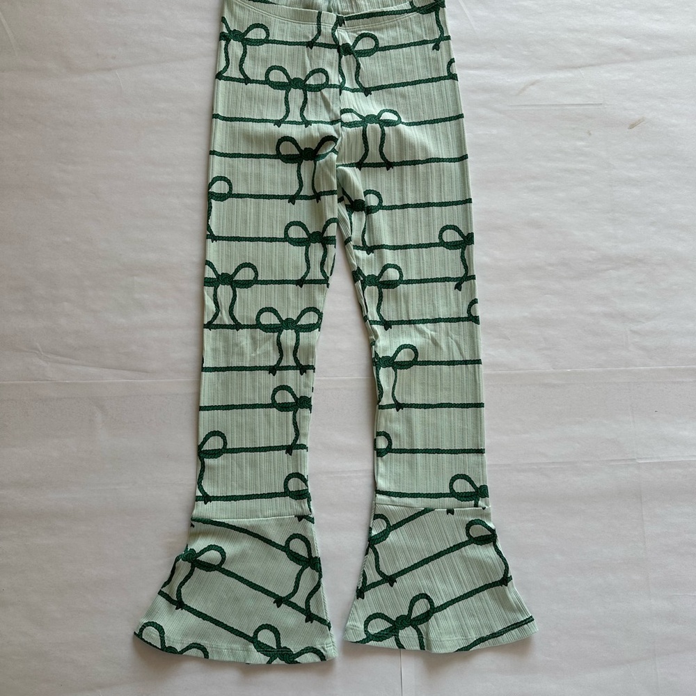 Mini Rodini Green Bow Pattern Flared Leggings size 9-11 NWOT